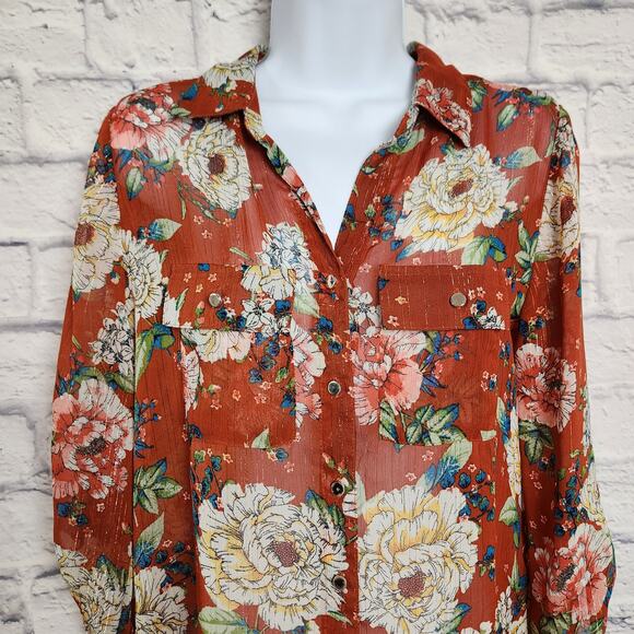 Sara Michelle Blouse Womens Size Small Rust-colored Sheer Floral Button Down - Picture 4 of 12